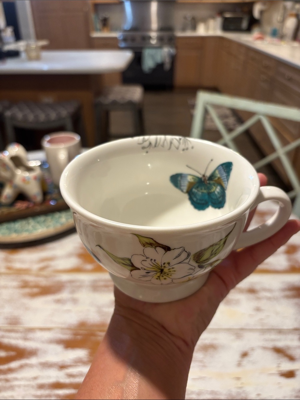 2 Porcelain Butterfly Floral Teacups - White and Blue